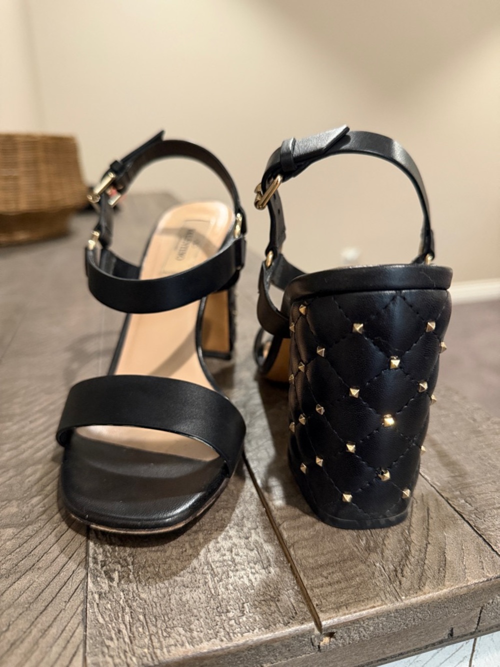 Valentino Garavani Black Quilted Studded Block Heel Sandals